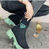 Knitting Boots Women's 202243 Large Size Thick Heel Solid Color Mid-tube Warm Elastic Flying Knitting Boots