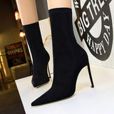 Autumn Fashion Women Boots Slip-on Elegant Beige Pointed Toe Elastic Ankle Boots Simplicity Heels Shoes Female Socks