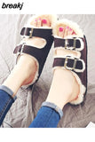 Unisex Plush Cork Slippers 2023 Women Casual Double Buckle Nubuck Leather Non-slip Men Outside Slides