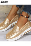 Women 2023 Autumn Sliver Gold Platform Sneakers Slip On Pu Loafers Vulcanized Shoes Casual Ladies Wedges Moccasins Plus