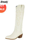 Women's Western Boots 2023 Autumn Winter Fashion Chunky Heeled Cowboy Boots Vintage Style Country Western Cowgirl White