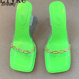 PVC Jelly Slippers Female Mules Slides Women Chain Designer Transparent Perspex High Heels Sandals Summer Clear Shoes