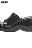 Dropship 2023 Summer Brand New Women Single Band Platform Sandals Black Nylon Chunky Platform Wedges Slipper