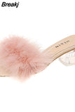 Fluffy Peep Toe Sexy High Heels Women Shoes Fur Feather Lady Fashion Wedding Slip-On Pink Square Sandals Tacones
