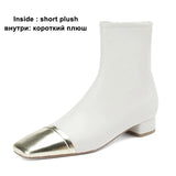 Women Genuine Leather Ankle Boots Square Toe Flat Ladies Zipper Mixed Colors Short Boot Autumn Winter Shoes Beige