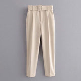 Solid Elegant Pencil Pants Women Business Suit Pants Female Pleated Lady Long Trousers With Belt Pantalones