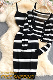 and White Striped Long Sleeve Knitted Sweater Cardigan and Spaghetti Strap Bodycon Midi Dress Suits Women Two Pieces