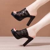 Plus Size 32-43 Block Heel Platform Shoes Women Slippers Summer 2021 Open Head High Heels Slides Ladies Cutout