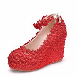 Queen Wedges Wedding Pumps Sweet White Flower Lace Pearl Platform Shoes Bride Dress High