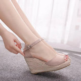 Cm Wedges Straw High-Heel Sandals Bohemian Style Fish Mouth Sandals Small Size Womens Shoe Concise Comfort High Heels