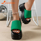 Dropship 2023 Summer Brand New Women Single Band Platform Sandals Black Nylon Chunky Platform Wedges Slipper