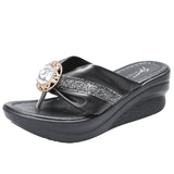 Fashion Gold Wedges Slippers for Women 2023 Sequins Rhinestone Clip Toe Sandals Woman Summer Platform Slides