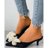 2023 New Fashionable Woman Mules Shoes Pearl Slip-on Low Heels Pointed Toe Ladies Pumps Butterfly-knot Woman