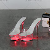 Breakj 34-43 Sexy Super High Heels Luminous Thin Heel Waterproof Platform Sandals Transparent Model Crystal Shoes Wedding