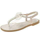 String Bead Soft Sole Sandals Women 2022 Summer Bowknot Clip Toe Flat Sandals Woman Comfy Non Slip T-Strap Rome