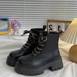 Boots Rock Shoes Woman Boots-Women Flat Heel Luxury Designer Round Toe Lace Up Winter Footwear 2023 Ankle Med Lolita