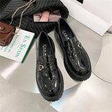 loafers Women Solid Black PU Leather Loafers Zapatos De Mujer Female Casual Slip On Chunky Heels Round Toe Platform