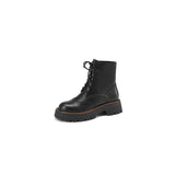 Women Genuine Leather Motorcycle Boots Platform Thick Heel Round Toe Shoes Med Heel Lace Up Ladies Boots Autumn