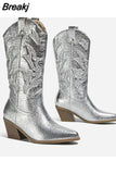 Vintage Style Western Boots For Women 2023 New Arrived Embroidery Mid Calf Boots Pointed Toe Autumn Winter Ladies