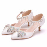 Queen Women Sandals Sexy White 5CM High Heels Bow Luxury Rhinestone Tassels Wedding Party Mary Jane