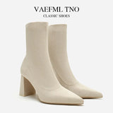 Quality Socks Short Boots Women Solid Knitting Boots Stretch Sock Mid-calf Boots Party Square High Heels Sexy Ankle