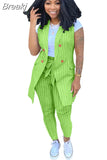 Striped Print Two Piece Set Women Sleeveless Blazer Coat And Sashes Pants Outfits Office Lady Elegant Work 2pcs