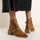 Boot Square Heel Women Boots Buckle Ankle New Pointed Toe Lady Shoes Spring Autumn Footwear Casual Heels