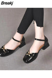 for Women 2023 Round Toe Ladies Summer Footwear Normal Leather Casual Black Square Heels Sandals with Medium Wholesale A