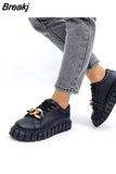 Women Autumn Pu Leather Sneakers Sewing Lace-Up Platform Flats Vulcanized Shoes Thick Sole Brief Casual White Black Canvas