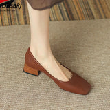 Shoes For Women Flats Shoes Leather Square Toe Low-Heeled Single Shoes Simple Solid Color Retro Spring