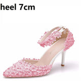 Queen Women Lace High Heels Banquet Wedding Shoes Bridal Sandals Pointed Sweet Wild Single Pumps Large