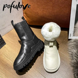 Women Boots Winter Shoes Black White Fur Boots Leather Snow Boots Plush Warm Ankle Booties Platform Chunky