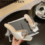 Rhinestone Butterfly Knot Slippers Fine Heel Sandal Women Crystal Fairy Pink Blue Bow Diamond High Heel Mule Shoes For