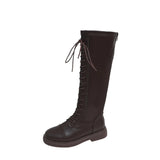 Women's Lace Up Knee High Boots British Pu Leather Thick Bottom Platform Boots Woman Non Slip Motorcycle