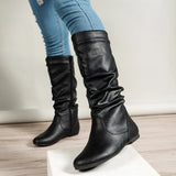 Breakj Mid-Size Boots Women 2024 Autumn And Winter Pure Color Velvet West Knight Boots Round Head Flat And Pile