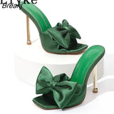 Fashion Yellow Green Silk Butterfly-Knot Women Slippers Mule High Heels Gladiator Sandals Flip Flop Square Toe Party
