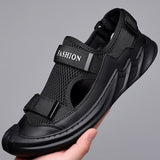 Sandals Men's Summer Leather Breathable Mesh Shoes Outdoor Casual Portable Walking Shoes Non-slip Black Beach