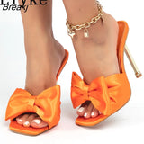 Fashion Yellow Green Silk Butterfly-Knot Women Slippers Mule High Heels Gladiator Sandals Flip Flop Square Toe Party