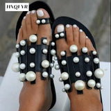New Women Slippers Summer Pearl Women Slides Flat Casual Outside Women Beach Leather Slippers Large Size 36-43 Women