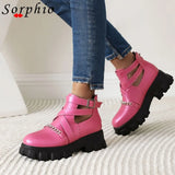 Motorcycle Boots Autumn For Women 2021 Comfy Chunky Heel Chelsea Boots Metal Chain Buckle Strap New Arrivals Pink