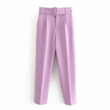 Solid Elegant Pencil Pants Women Business Suit Pants Female Pleated Lady Long Trousers With Belt Pantalones