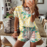 Women Tie Dye Set Short Sleeve Top Shirt Loose And Biker Shorts Casual Two Piece Sets Female Homewear Outfits