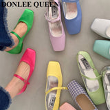New Spring Summer Shoes Women Flat Heels Square Toe Mary Jane Ballet Flats Rainbow Candy Color Ballerina Soft Casual