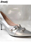 New Dropship 2023 Summer Sexy Women Mules Pump Sandals 7cm Thin High Heeled Big Size 43 Open Sole Moto Biker Rivets