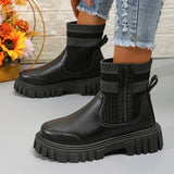 Patchwork Pu Leather Ankle Boots Women 2023 Fashion Chunky Platform Chelsea Boots Woman Elastic Knitted Short