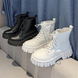 2023 New Women White Ankle Boots PU Leather Thick Sole Lace Up Combat Booties Female Autumn Winter Platform Shoes