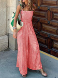 Summer Hollow Wide Leg Pants Overalls Women Retro Plaid Print Elegant Boho Jumpsuit 2022 Off Shoulder Office Backless