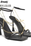 Gladiator Sandals Summer High Heels Sandal Shoes Fashion Gold Chain Sexy Thin High Heel Pumps Square Toe Shoes