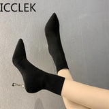 Women Boots Ankle Short Boots Flock Pointed Toe Thin Heels Winter Booties Woman Wool Elastic Slip on Women Boots