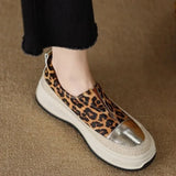Fashion Horsehair Genuine Leather Leopard Round Toe Thick Bottom Sneakers Slip on Casual Women Vulcanized